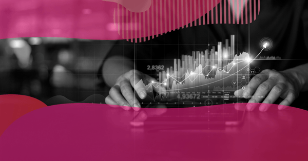 Hands typing on a laptop with an overlay of charts and an upward trend line, representing data analysis applied to lead generation.