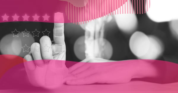 Hand selecting rating stars on a digital interface, representing the measurement of customer experience and customer satisfaction.