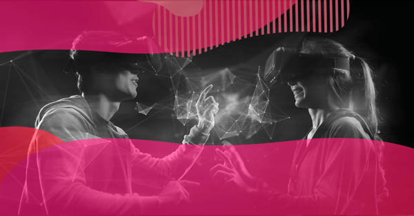 Two people wearing virtual reality headsets and interacting with digital elements in an immersive environment.