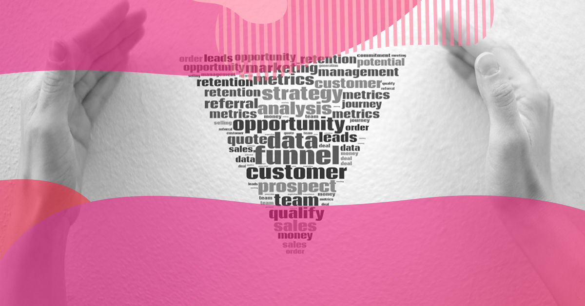 A marketing funnel is formed by words such as strategy, leads, customer, and sales, representing consumer behavior in the buying process.