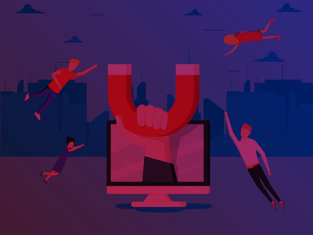 Ilustração de uma mão segurando um ímã saindo de um computador, atraindo pessoas ao redor, representando a estratégia de Inbound Marketing para captação de alunos.
