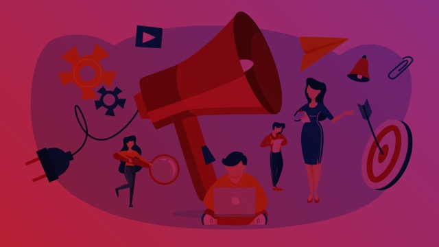 Ilustração com megafone, profissionais e ícones de marketing representando estratégias de outbound para instituições de ensino.