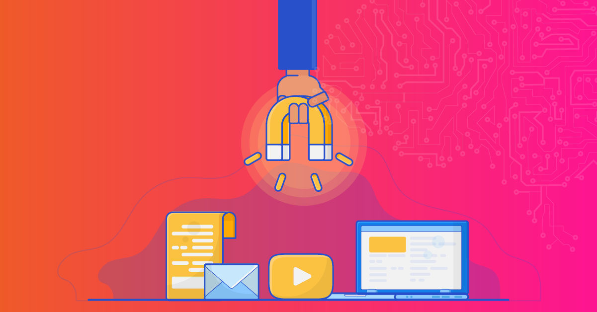 Inbound marketing illustration with a magnet attracting elements such as email, video, document, and website, representing the integration of CRM and digital marketing to capture and nurture leads.