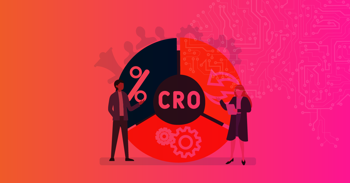 CRO (Conversion Rate Optimization) illustration with graphs, gears, and professionals analyzing data, representing strategies to increase conversion rates in digital marketing.