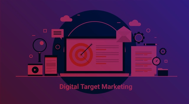Illustration with digital marketing elements and a central target on a notebook, representing SEO techniques and optimization strategies for educational websites.