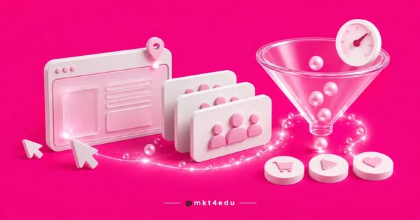 Ilustração 3D com navegador, cartões de público e funil transparente representando campanhas de remarketing.