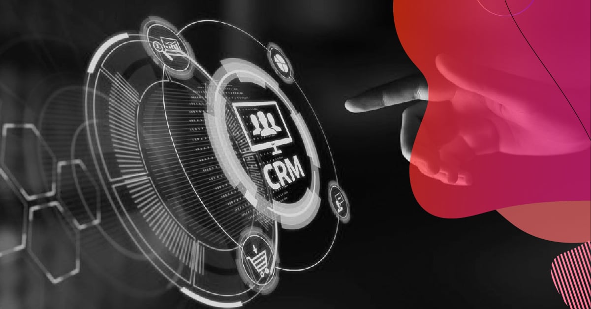 Digital CRM illustration with a technological interface and interactive icons, representing the use of HubSpot CRM for customer management, automation, and data centralization.