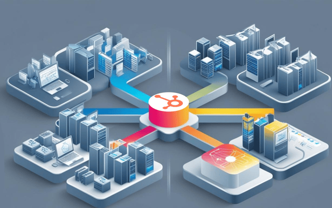 Ilustração de um hub central com o logotipo da HubSpot conectando diferentes setores tecnológicos por caminhos coloridos.