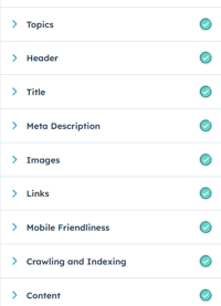 HubSpot SEO checklist showing all validated criteria, including topics, title, meta description, images, links, and mobile suitability.