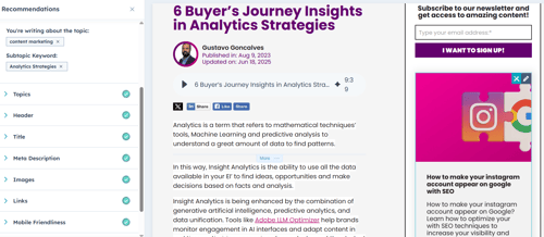 HubSpot interface displaying SEO recommendations for a blog about Insight Analytics and data science, with topic, title, header, and image validation.