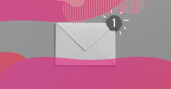 White envelope with a notification icon indicating a new newsletter on a pink and gray background.