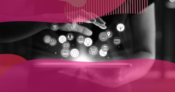 Hands interacting with digital icons floating above a tablet, representing technology, data, and digital channels in the concept of Marketing 5.0.