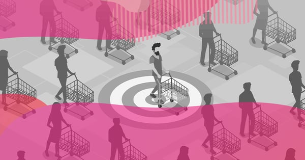 Ilustração em tons de cinza com vários consumidores empurrando carrinhos de compra, com um cliente em destaque sobre um alvo no chão, representando o inbound marketing e a captação do cliente ideal.