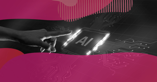 Mão humana apontando para um chip iluminado com a sigla AI sobre uma placa de circuito, simbolizando o uso da inteligência artificial para melhorar a experiência do cliente.