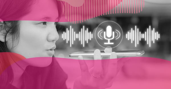 Woman using Google voice search on a smartphone, with sound wave and microphone icons highlighted.