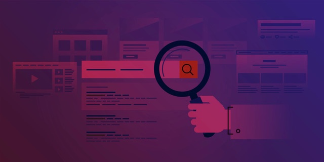 Illustration of a hand holding a magnifying glass over online search elements, representing the concept of digital visibility and positioning of educational institutions on the internet.