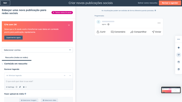 Screenshot do HubSpot na tela “Criar novas publicações sociais”, com campos para selecionar contas, escrever legenda, fazer upload de mídia e revisar/agendar o post (HubSpot para Social Media Marketing).