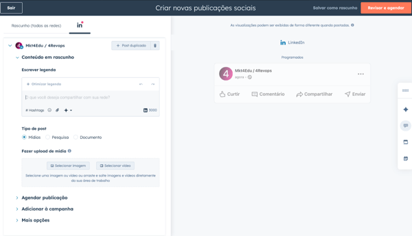 Screenshot do HubSpot na tela “Criar novas publicações sociais” com prévia do LinkedIn, campo para escrever legenda, seleção de tipo de post e upload de mídia (HubSpot para Social Media Marketing).