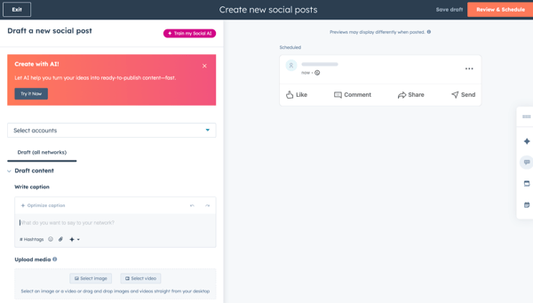 Screenshot of HubSpot’s “Create social posts” screen, with fields to select accounts, write a caption, upload media, and review/schedule the post (HubSpot for Social Media Marketing).