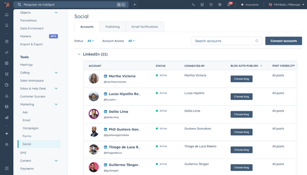 Screenshot of HubSpot’s “Social” area (Accounts tab), showing a list of LinkedIn accounts, active status, and the “Connect accounts” button.
