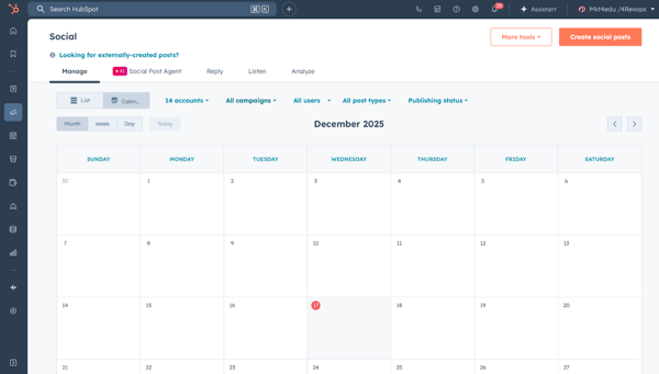 Screenshot of HubSpot’s “Social” calendar monthly view, with account/campaign filters and a “Create social post” button, illustrating HubSpot for Social Media Marketing.