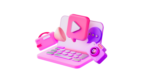 Ícones de marketing digital, como megafone, câmera, vídeo e chat, saindo de um notebook rosa, simbolizando estratégias de marketing de conteúdo para performar em Google e LLMs.