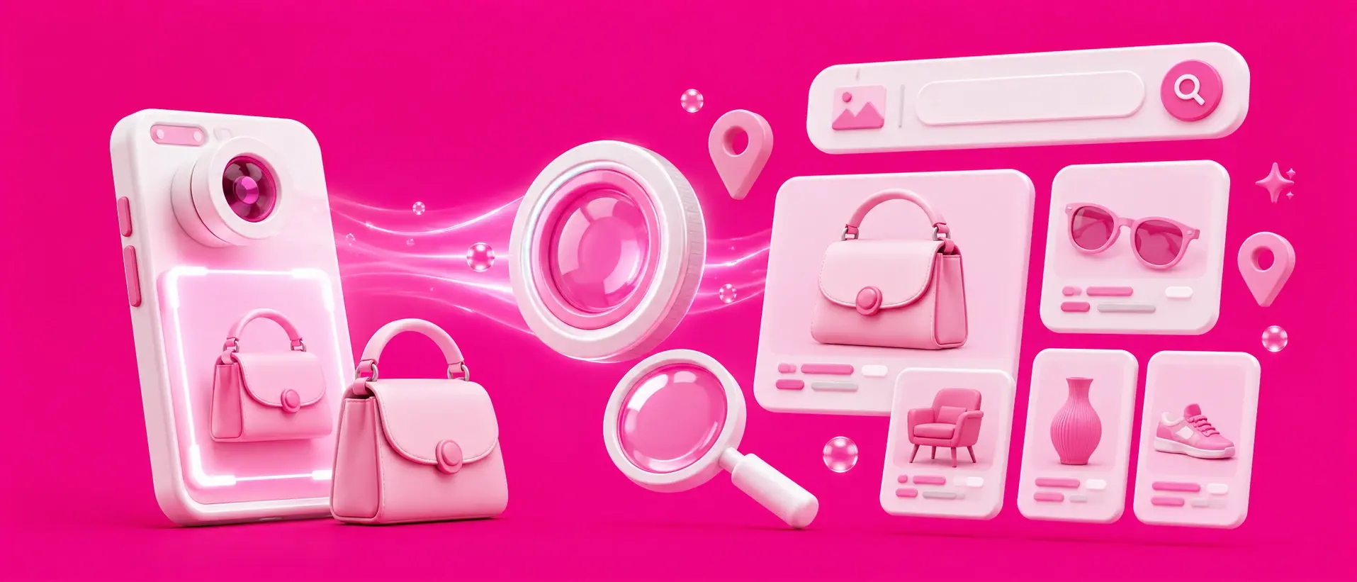 3D de celular usando o Google Lens para escanear uma bolsa e buscar produtos semelhantes.