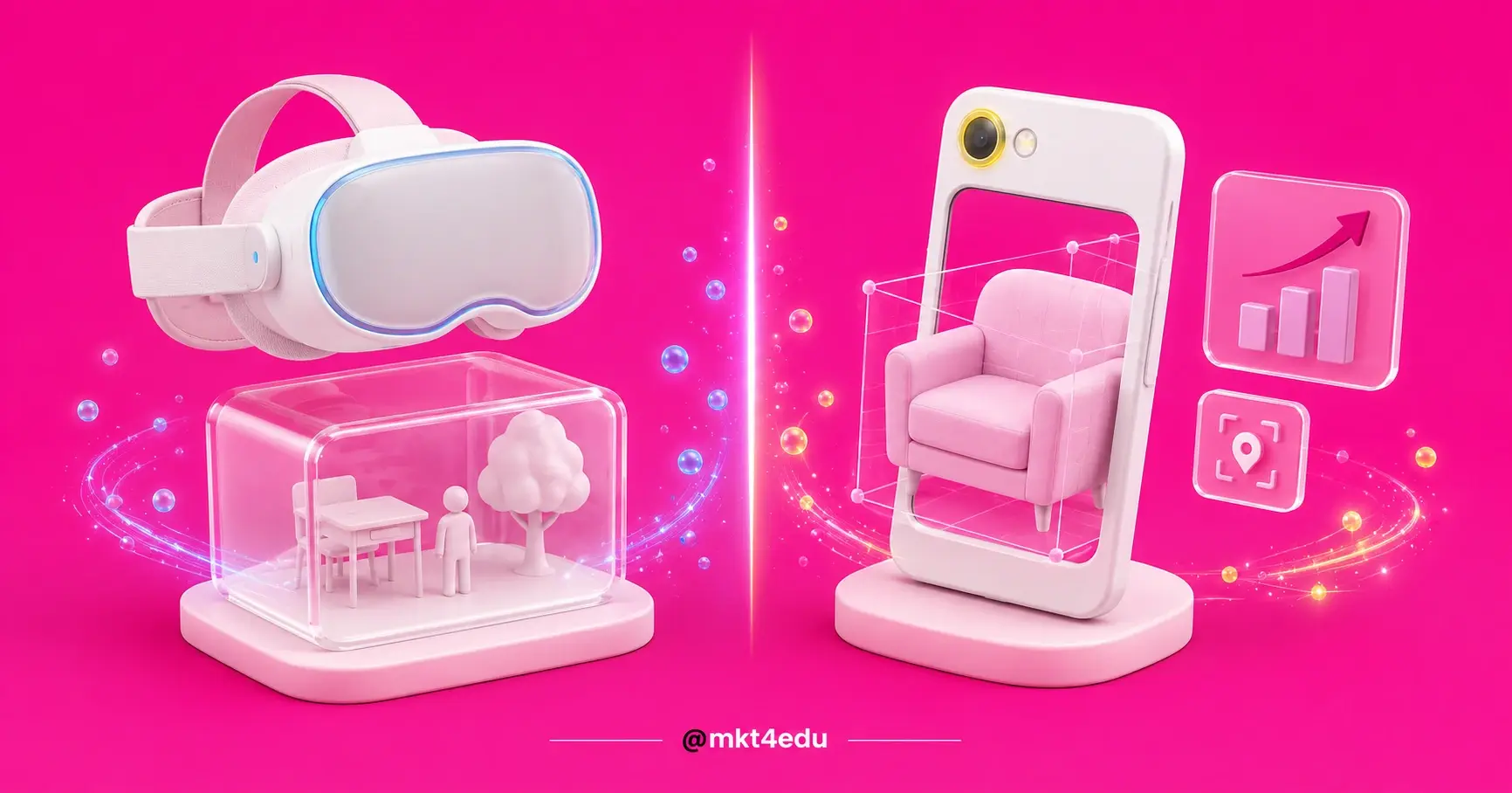 Ilustração 3D comparando headset de realidade virtual com projeção de produto em celular.