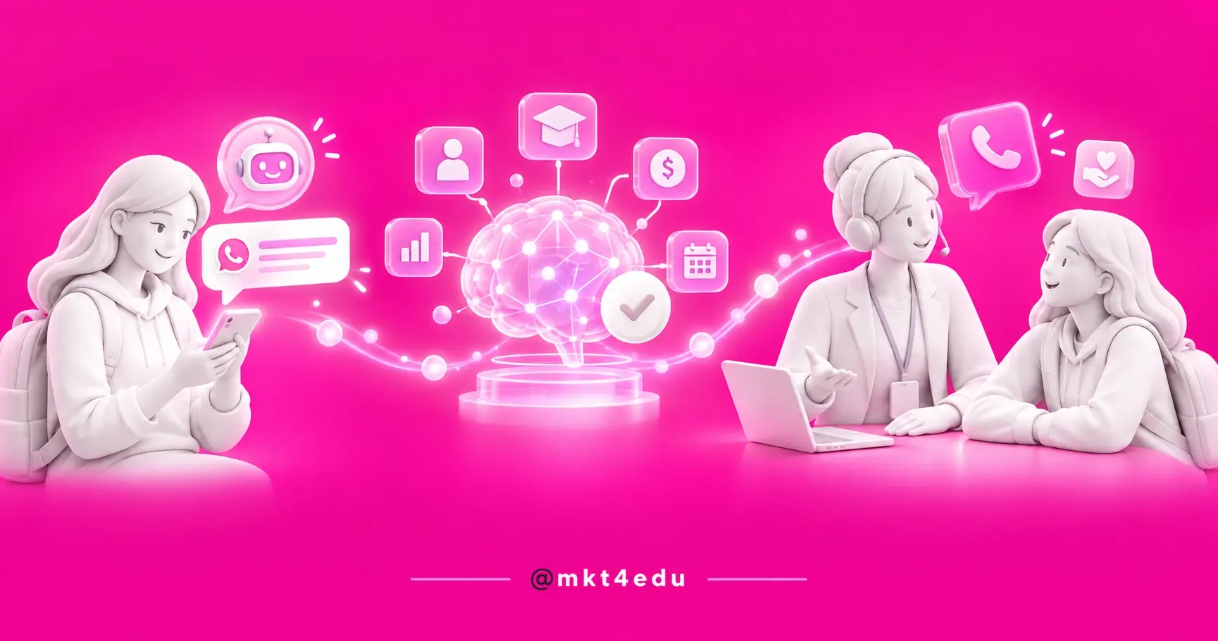 AI agent for student retention in 3D: a student on WhatsApp, an AI brain holding data and a human advisor on a call