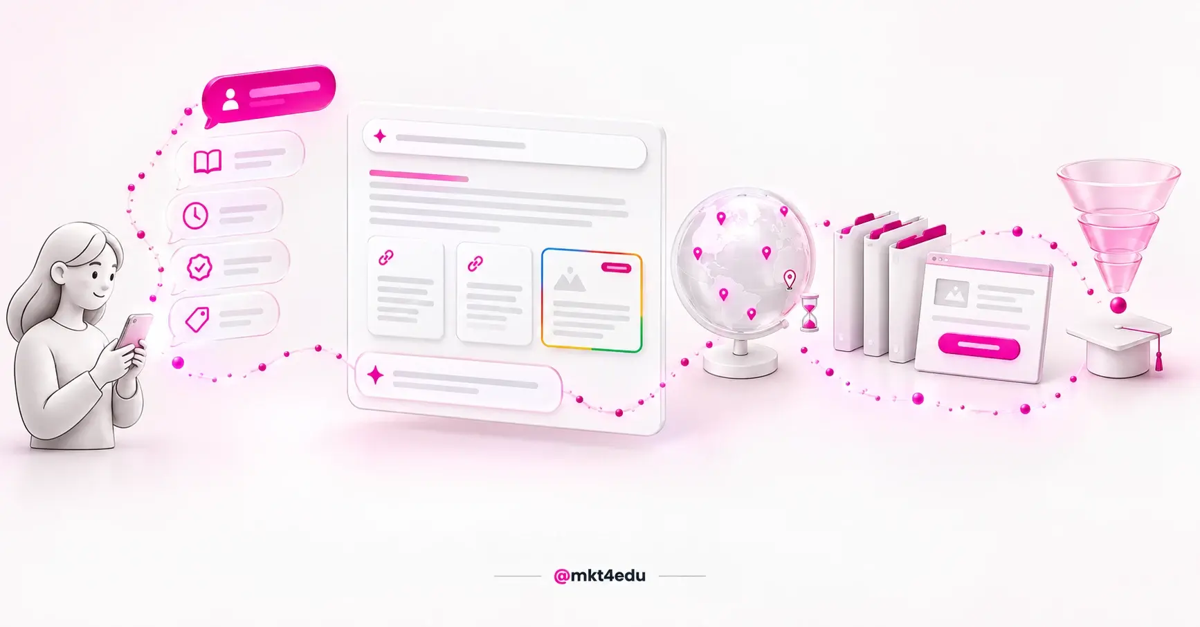 Anúncios no AI Mode: sequência de perguntas levando à resposta gerada com citações, globo de países e funil de matrícula