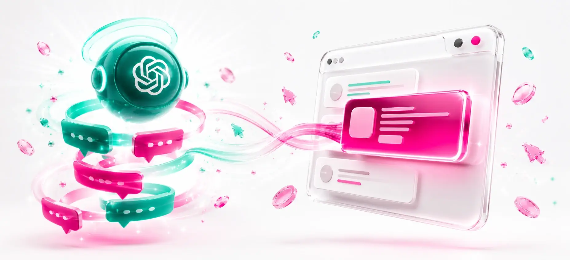 A ChatGPT robot sending spiral-shaped speech bubbles to a pink digital screen. Focus on ChatGPT Ads.