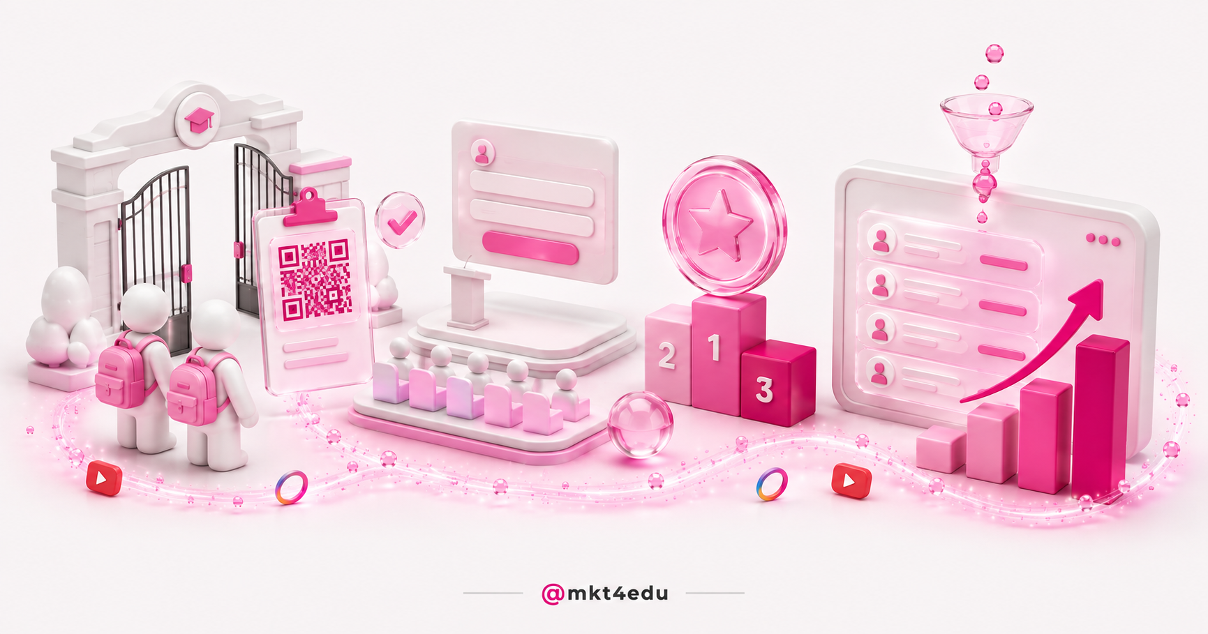 Táticas de marketing em cena 3D: portão de colégio com QR code, palco de aulão e painel de CRM com contatos.