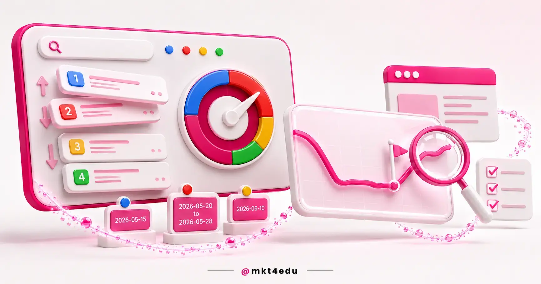 Ilustração 3D sobre atualizações do Google com painel de métricas de tráfego, linha do tempo e lupa de análise.