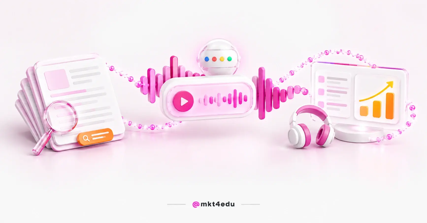 Artigos escritos virando player de áudio e onda sonora, ilustrando áudio marketing para instituição de ensino