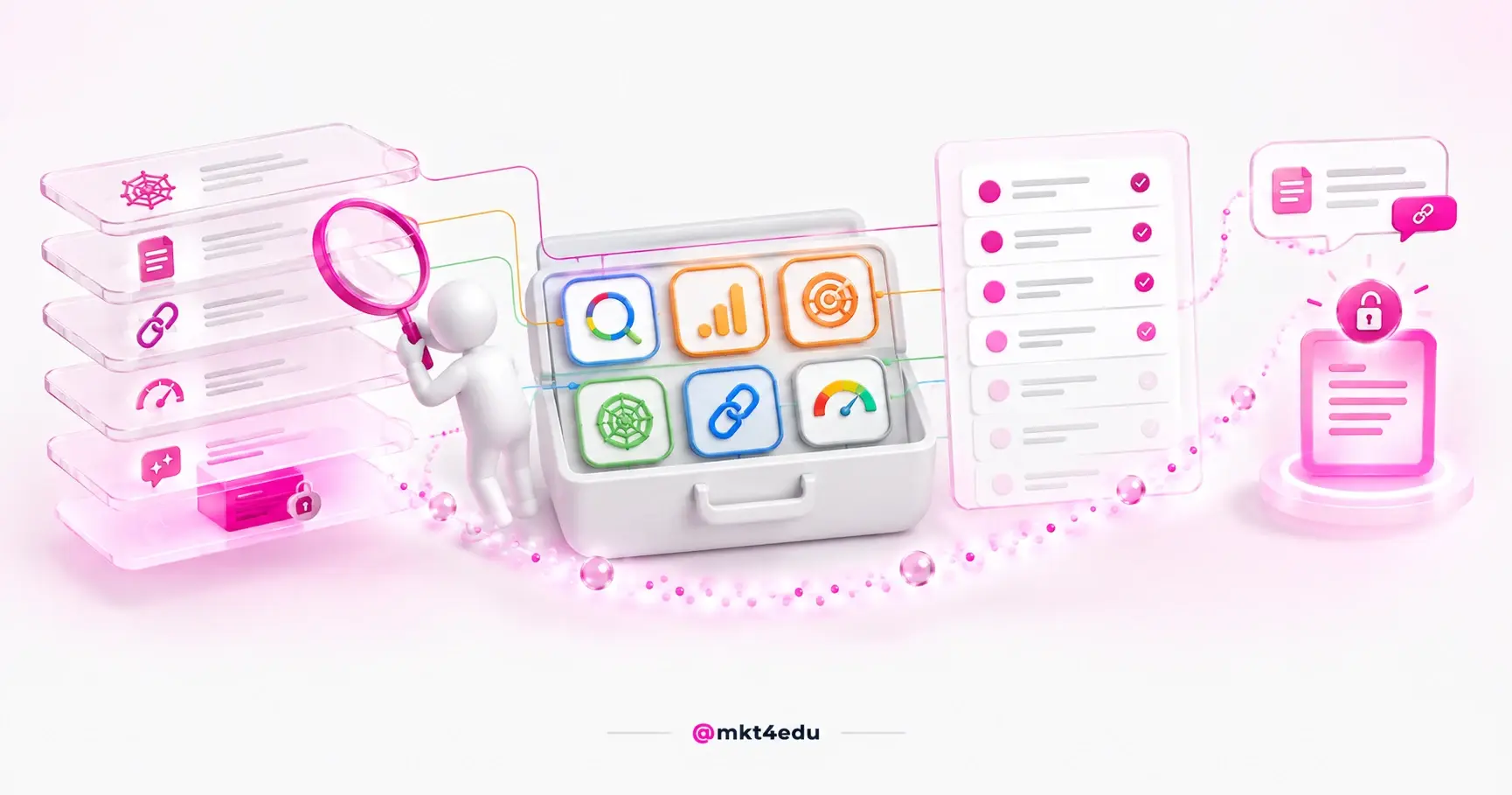 Lupa sobre painéis de auditoria de SEO com as ferramentas do Google, GA4 e SemRush e um checklist de correções