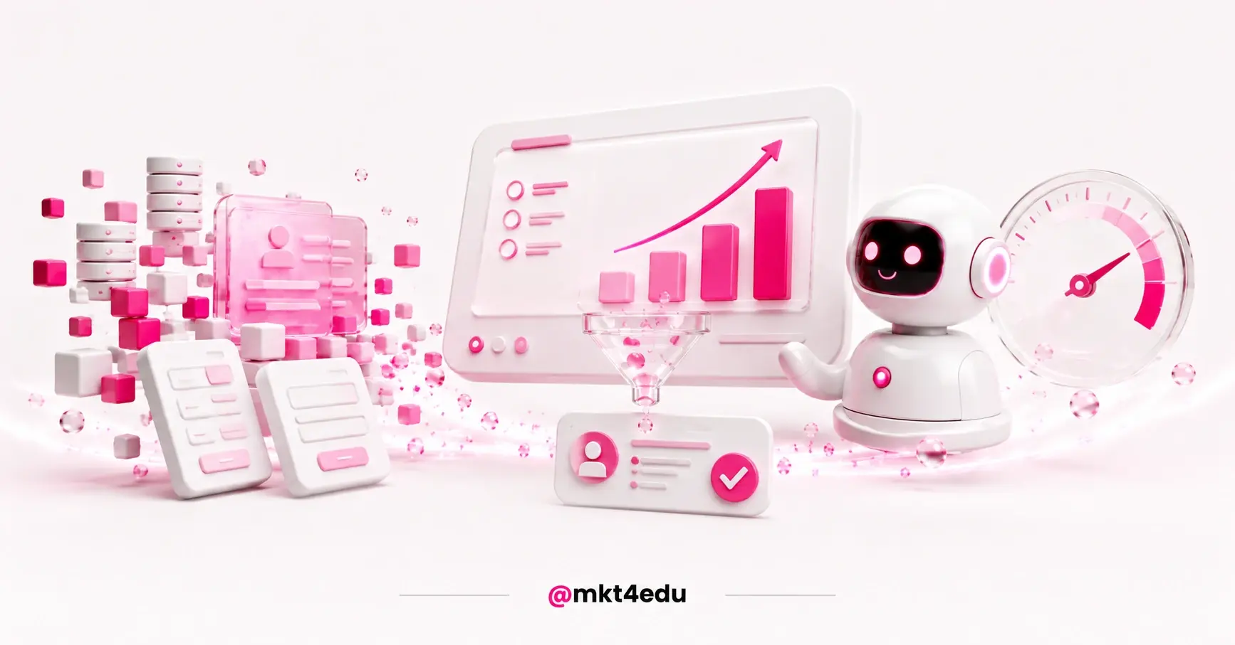 3D illustration of scattered academic data organizing into a dashboard with charts and a student dropout risk gauge