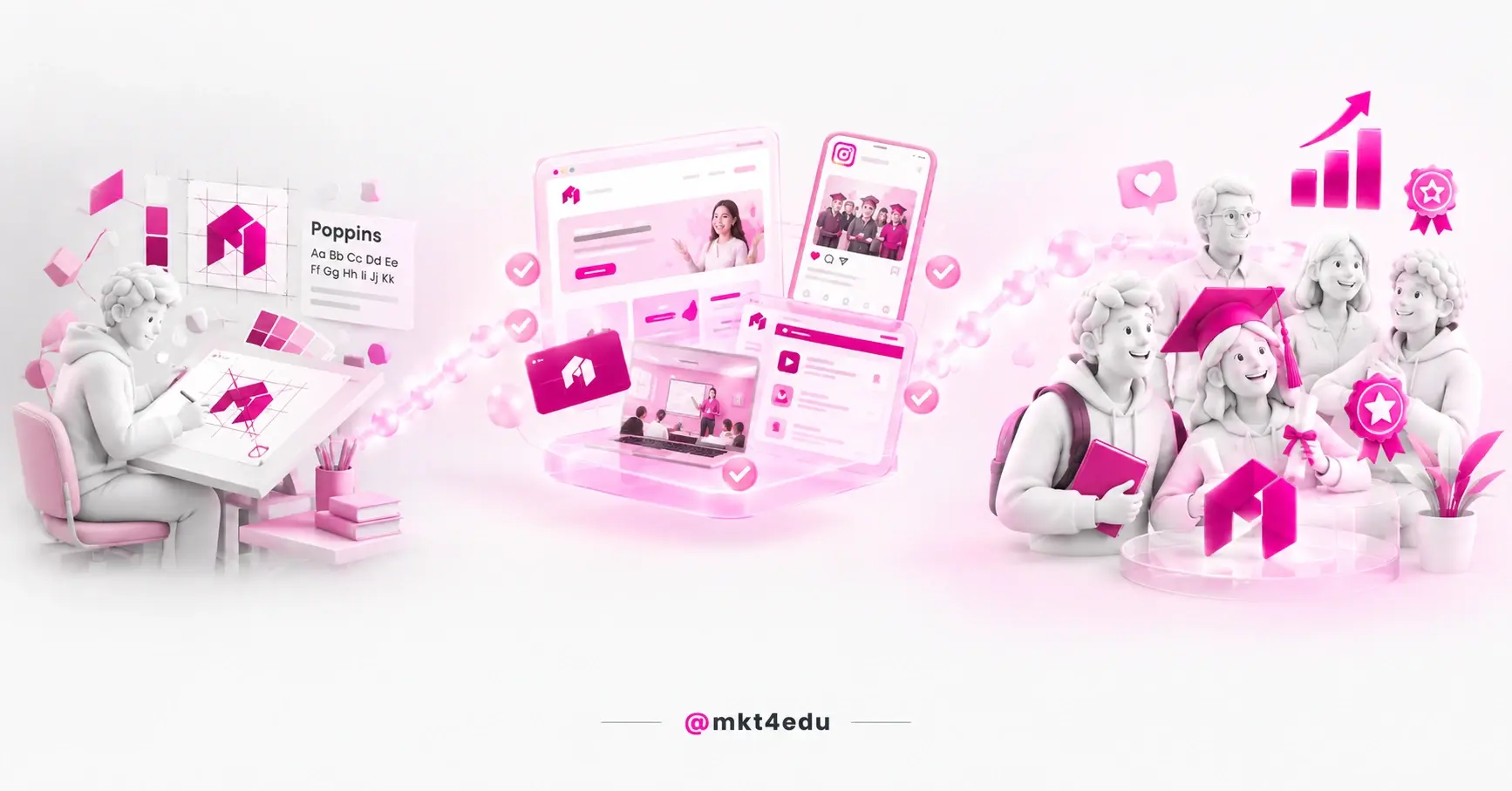 Educational branding in 3D: a designer with a logo grid and palette, brand applications on web and social, and graduates