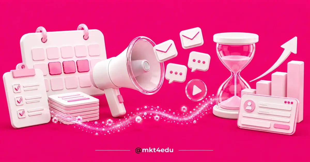 Cena 3D branca sobre fundo rosa com calendário, megafone e ampulheta, representando a campanha de matrículas.