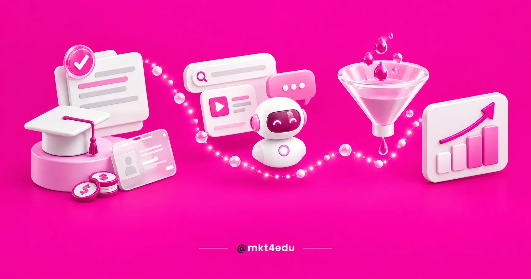 Campanhas de matrículas em cena 3D com capelo, crachá, moedas, painéis de busca, robô, funil de vidro e gráfico