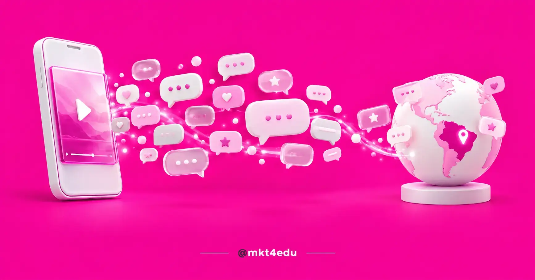 Celular exibindo vídeo do Bilibili com balões de comentários que se espalham até um globo com o Brasil em destaque