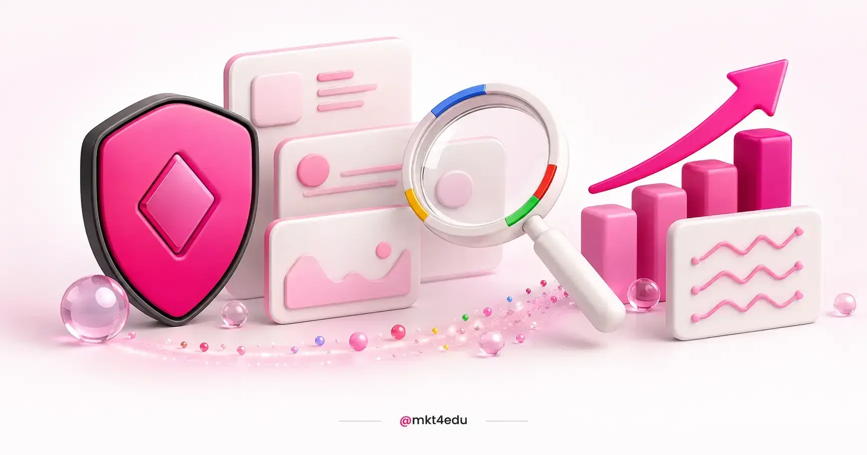 Escudo rosa, cartões de conteúdo, lupa de busca e gráfico de crescimento em 3D sobre fundo claro