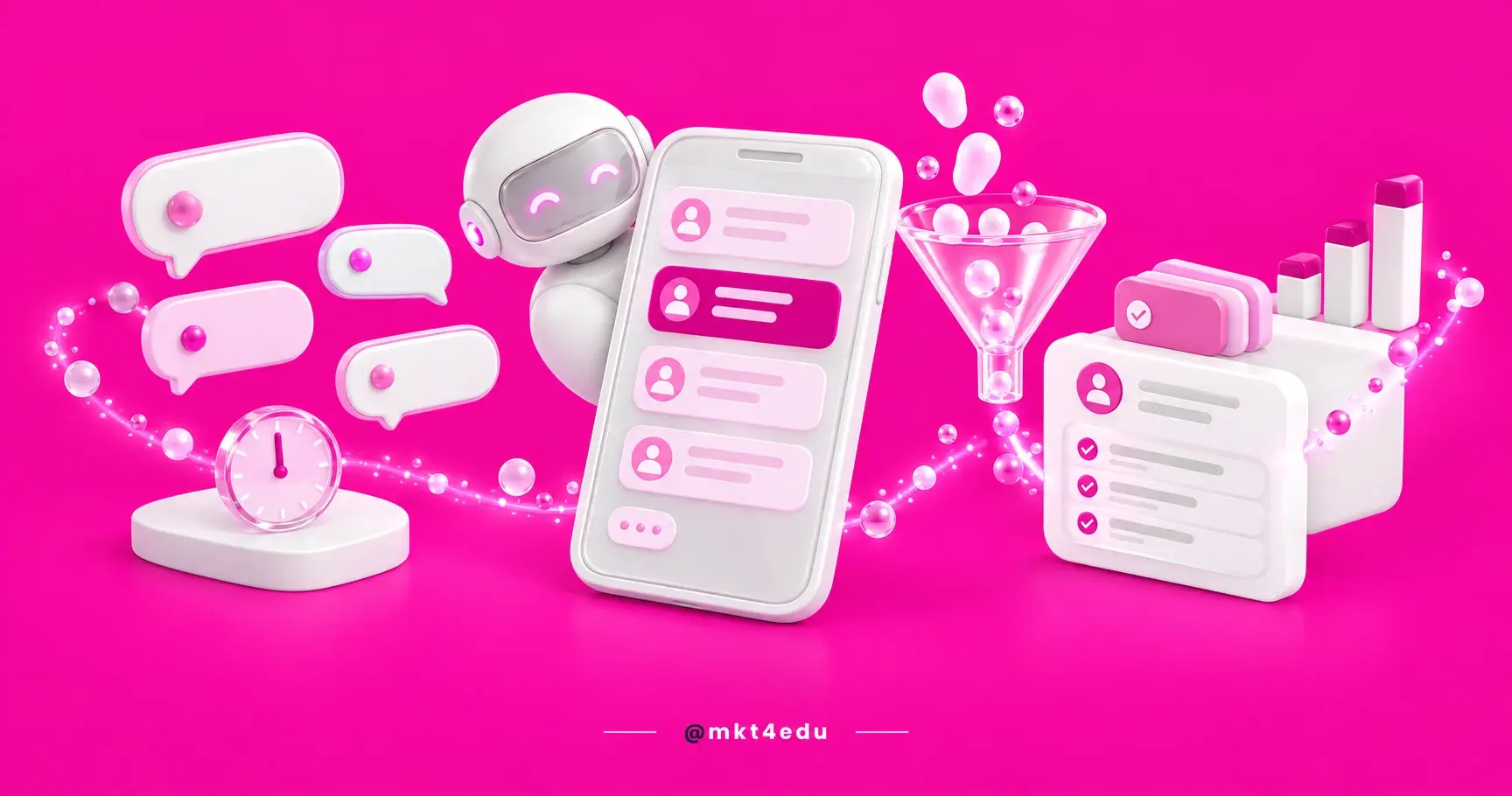Chatbot in lead retention with chat bubbles, a phone, an AI agent and a funnel flowing into the CRM