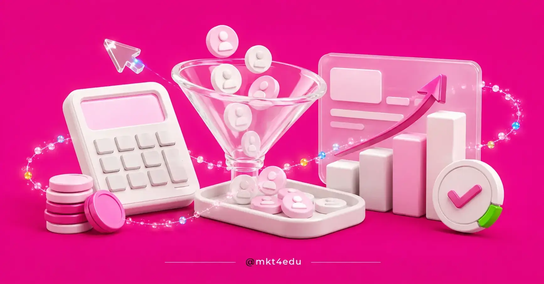 Calculator, funnel filled with contact icons and a bar chart in 3D on a pink background