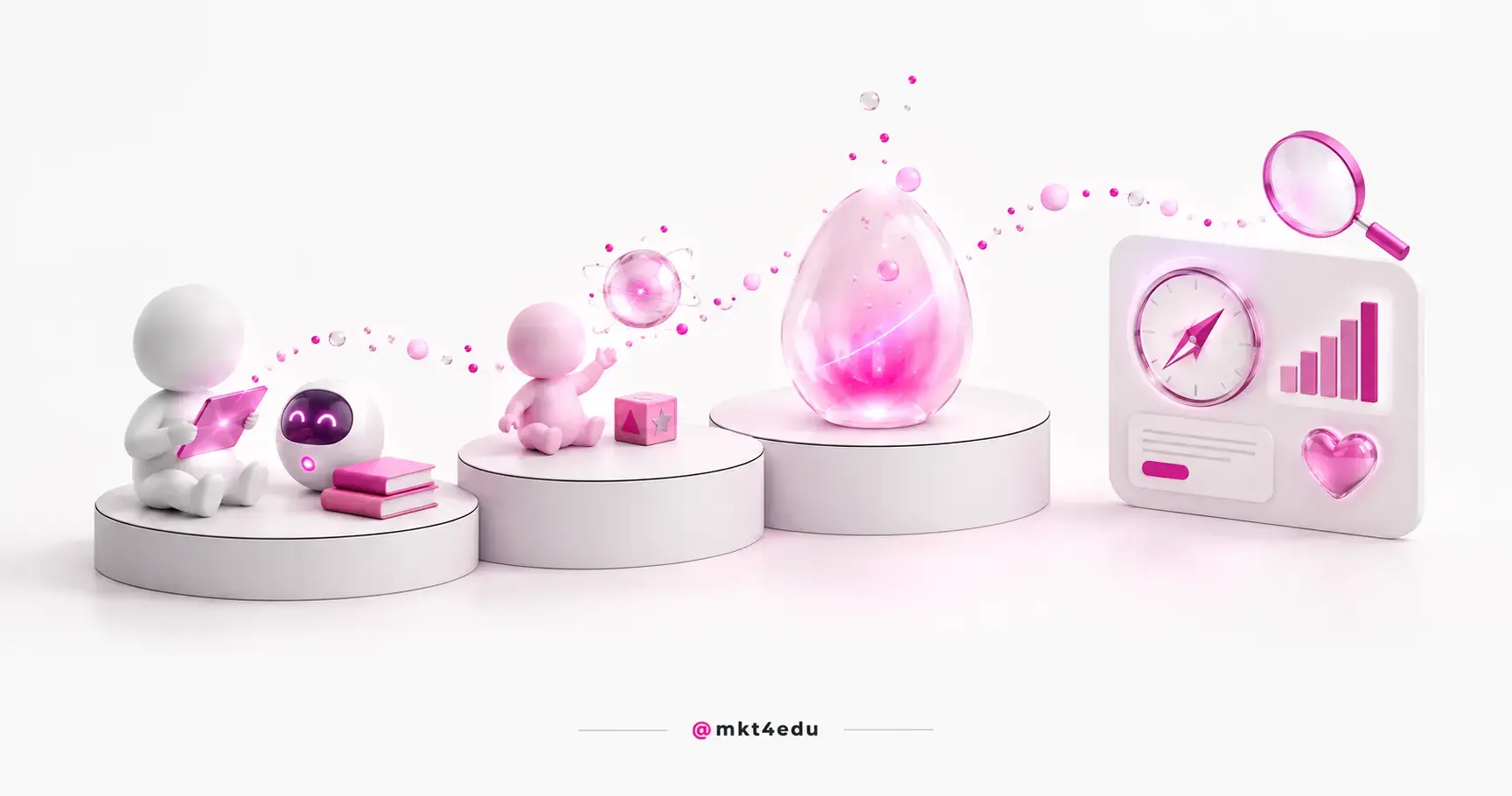 Podiums with a child, a baby and a glowing egg representing Generation Alpha, Beta and Gamma in marketing
