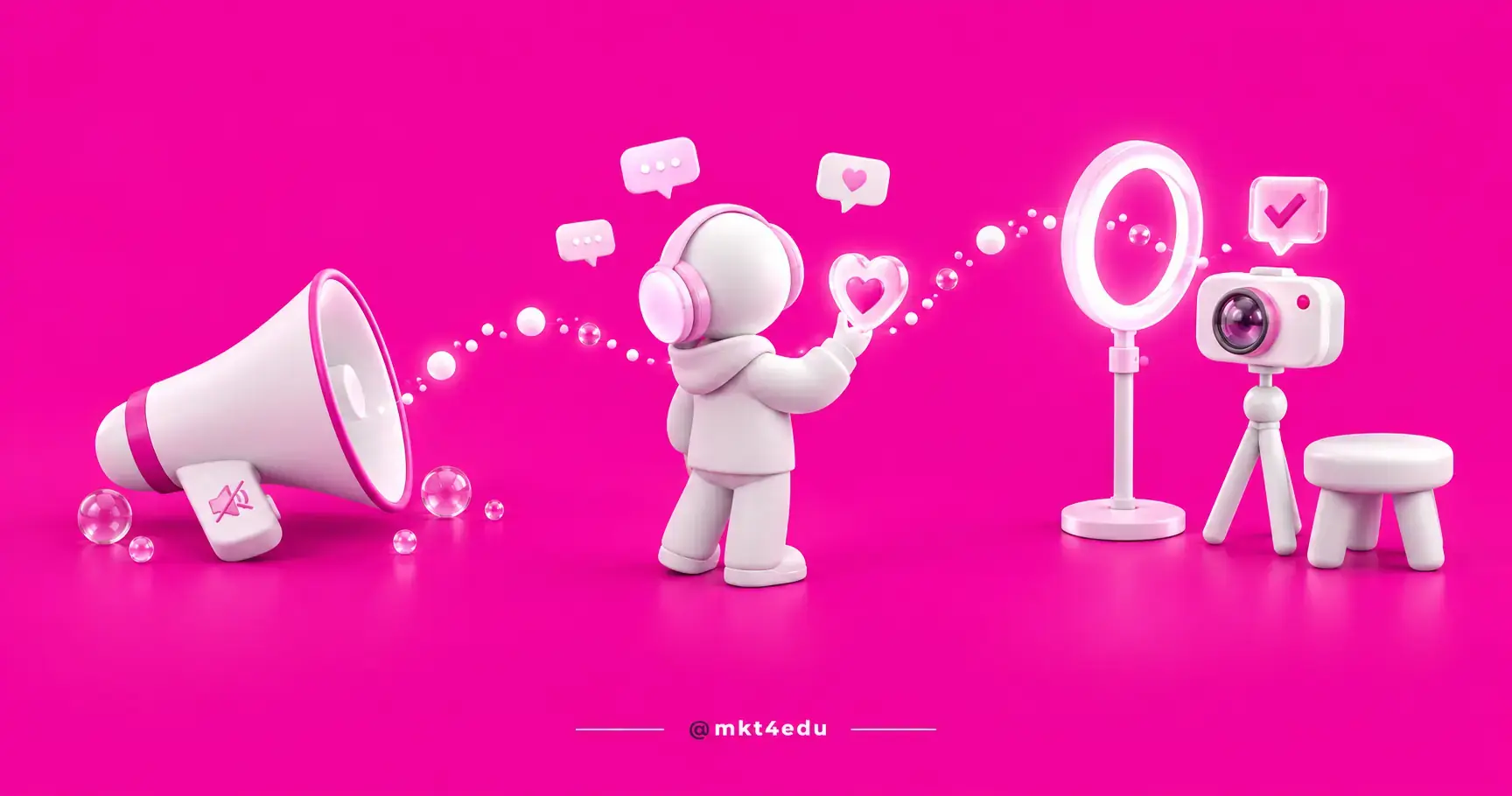 Muted megaphone, creator with headphones and ring-light studio representing Generation Z video