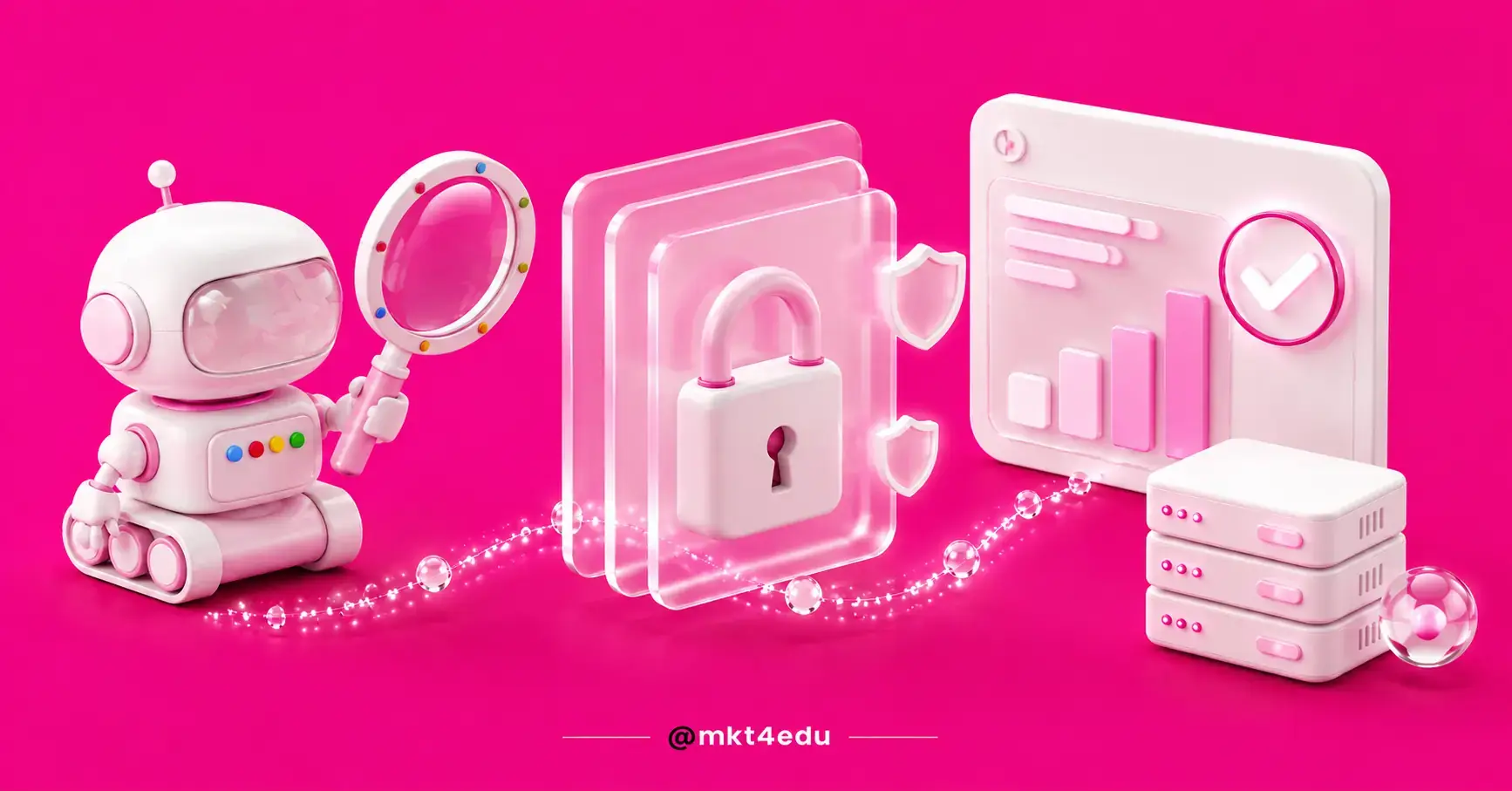 Robô branco com lupa observa camadas de proteção com cadeado e escudos até chegar a um painel de desempenho com selo de aprovação, em fundo rosa