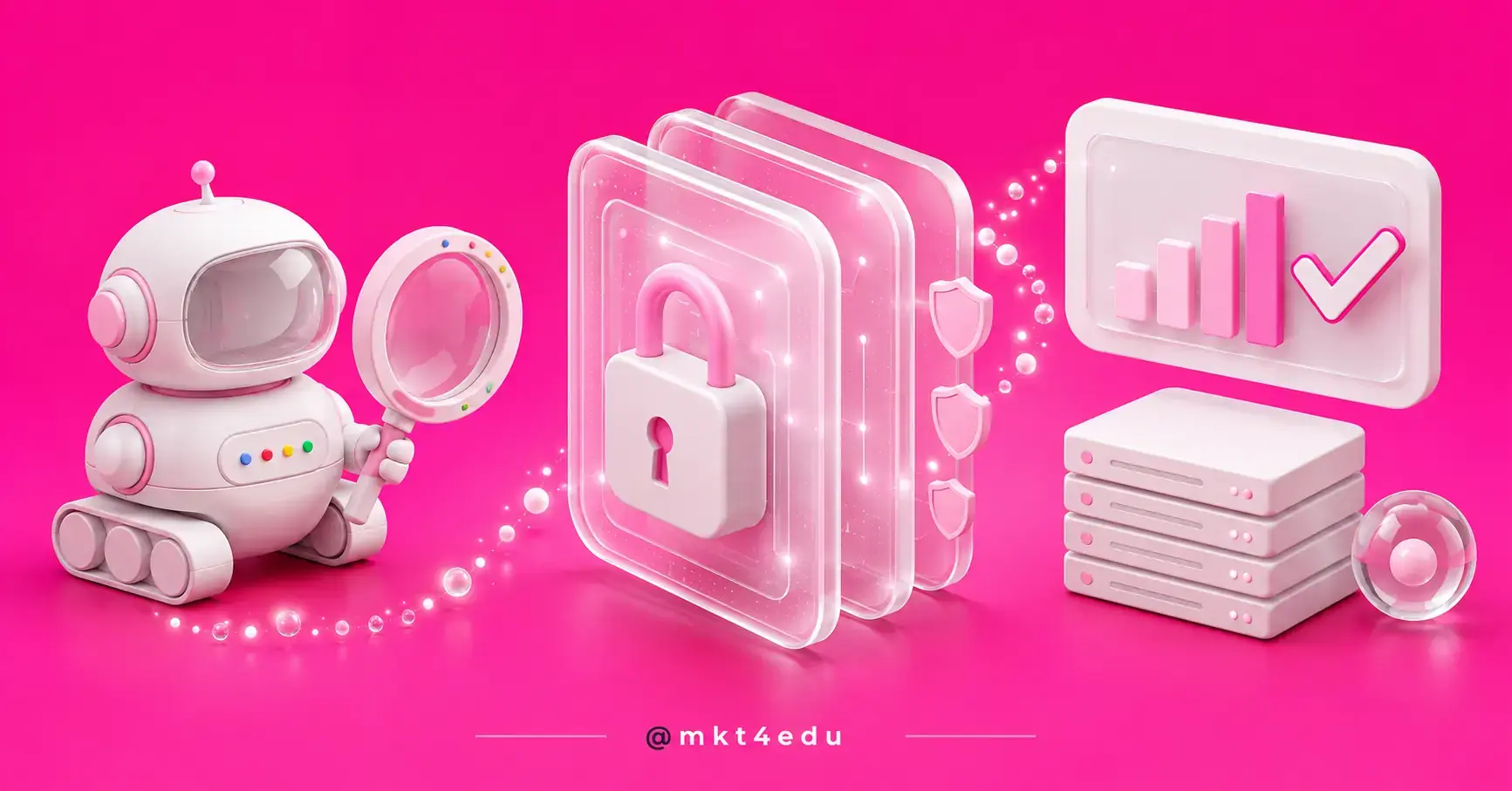 A white robot with a magnifying glass looks through protection layers with a padlock and shields toward a performance panel with an approval check, on a pink background