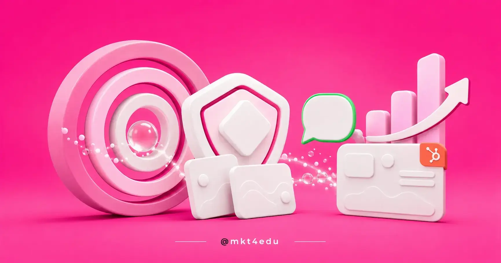 Alvo, escudo, balão de conversa e painel com gráfico de crescimento em 3D sobre fundo rosa