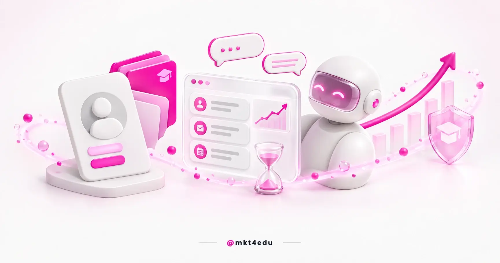 Student retention shown in a 3D scene with a learner card, a CRM panel, chat bubbles and an AI assistant