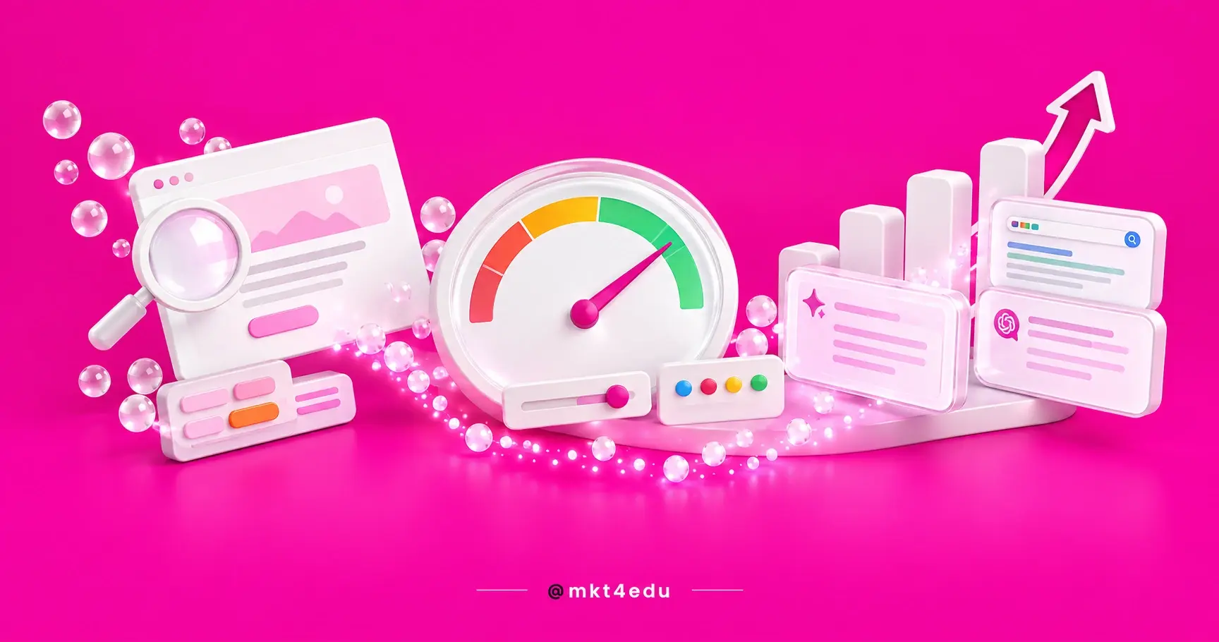 3D website optimization scene with a page under a magnifier, a performance gauge and rising organic results